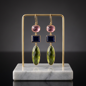 3 Tier Multi Gemstone Stud <b>Earrings</b> Pink Oval Sapphire Blue Rectangle Marquise <b>Peridot</b> Green Brass 14k <b>Gold</b> Plated - Product Image 3