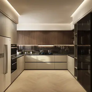 Armario de cocina personalizado de 2pac, armario de madera maciza brillante y gris, diseños para casas prefabricadas