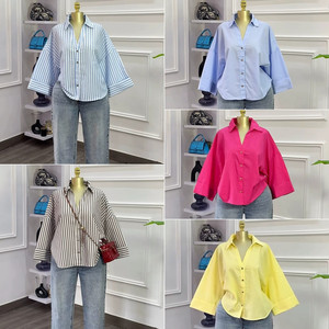 HK72888 Camicie Estive Personalizzate da <span class=keywords><strong>Donna</strong></span>, Manica Lunga <span class=keywords><strong>con</strong></span> Colletto POLO, Camicie a Righe Blu Larghe, Eleganti Bluse per Donne - Product Image 2
