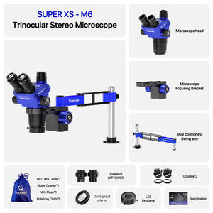 กล้องจุลทรรศน์สเตอริโอแบบสามตา SUPERXS-M6 กำลังขยาย 6.7X-45X ซูมต่อเนื่อง เลนส์ตา WF10X25 มุมกว้างพิเศษ เลนส์กรีนอฟ ออปติกส์ แขน M6 110 มม. - Product Image 2