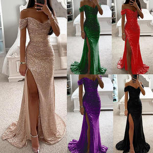 Robe <span class=keywords><strong>de</strong></span> <span class=keywords><strong>Soirée</strong></span> d'Été Élégante pour <span class=keywords><strong>Femme</strong></span>, Col Bateau Sexy, Robe Longue Scintillante Fendue Respirante, Nouvelle Collection Unie - Product Image 2