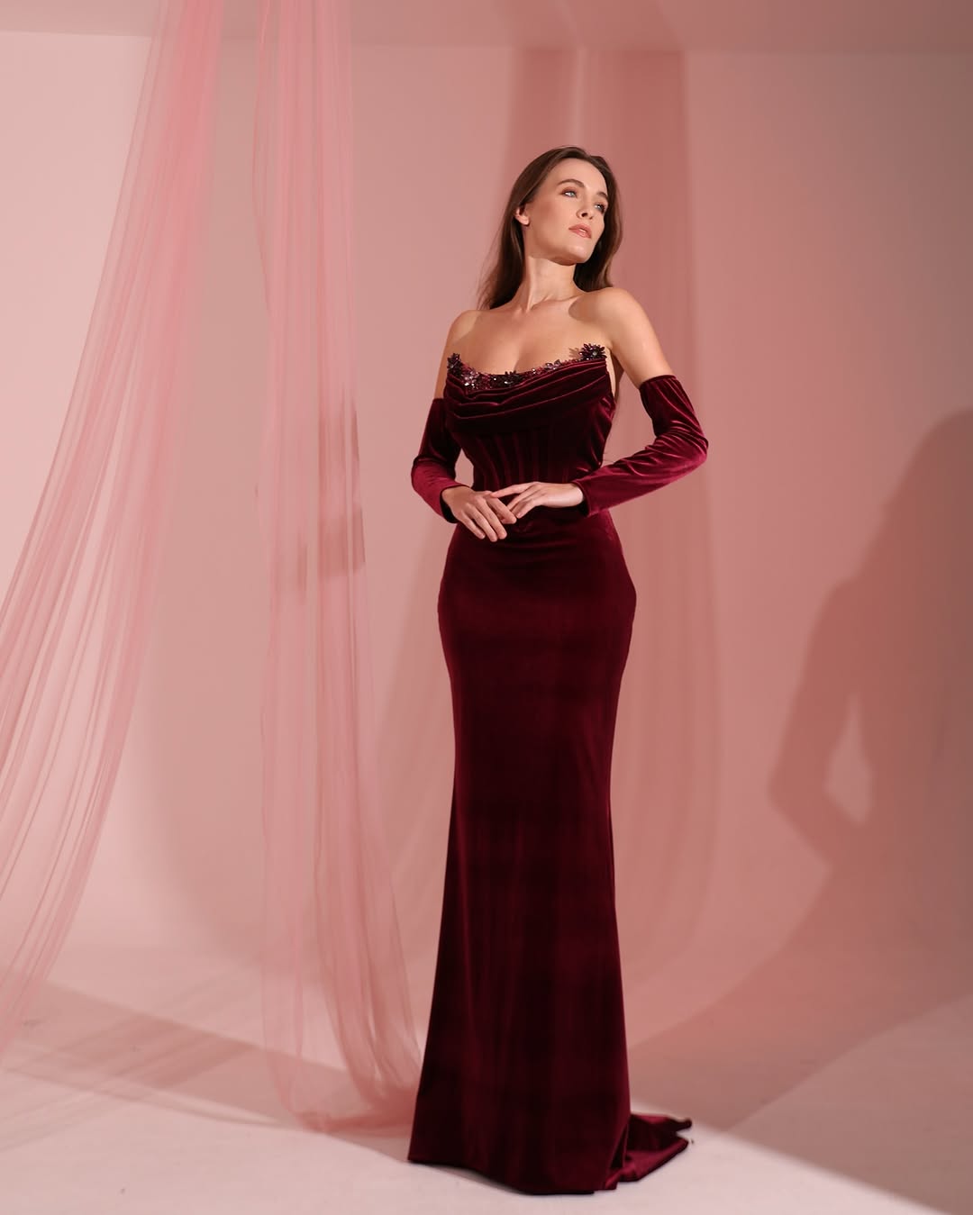 chinese dress ladies Burgundy Deep V-Neck Long Sleeve Mermaid Prom Dress with Sequins main image 1