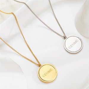 Custom Round <b>Gold</b> Plated 18K <b>Solid</b> <b>Gold</b> Blank Engraved Letter <b>Pendant</b> Necklace for Wedding Engagement Anniversary - Product Image 1