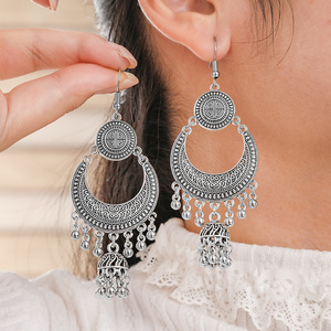 Vintage Geometric <b>Silver</b> Plated <b>Earrings</b> Women's <b>Long</b> Tassel Ethnic Style Everyday Wear - Product Image 3