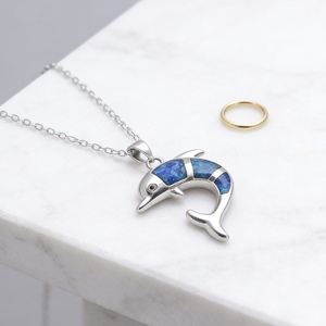 Kalung Liontin Hongqi 925 Perak Biru Blaze Opal Bentuk Lumba-lumba Berlapis Emas Rantai Link Setting Bezel Trendi Unisex Hadiah Pesta - Product Image 6