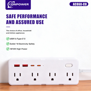 Ổ cắm điện dải Mỹ 8-cửa hàng công nghiệp mở rộng dây với 2 USB-A và 2 cổng USB-C 125V/15A chúng tôi Power Strip - Product Image 2