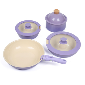 Juego de ollas y sartenes de cerámica antiadherentes moradas con asas extraíbles, apilables para ahorrar espacio, de aluminio ligero para cocina - Product Image 5
