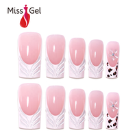 Ongles press-on réutilisables brillants, blanc nacré, motif relief 3D fleur et imprimé léopard, faux ongles pour filles