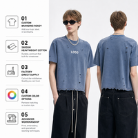 T-shirt Homme Vintage Bleu Délavé 280 GSM Coupe Boxy Courte et Déchirée avec Logo Personnalisé OEM