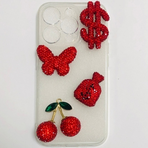 Bonne année Bling rouge plein strass cerise Dollar signe argent sac breloques papillon artisanat bricolage coque de téléphone indésirable décor - Product Image 1