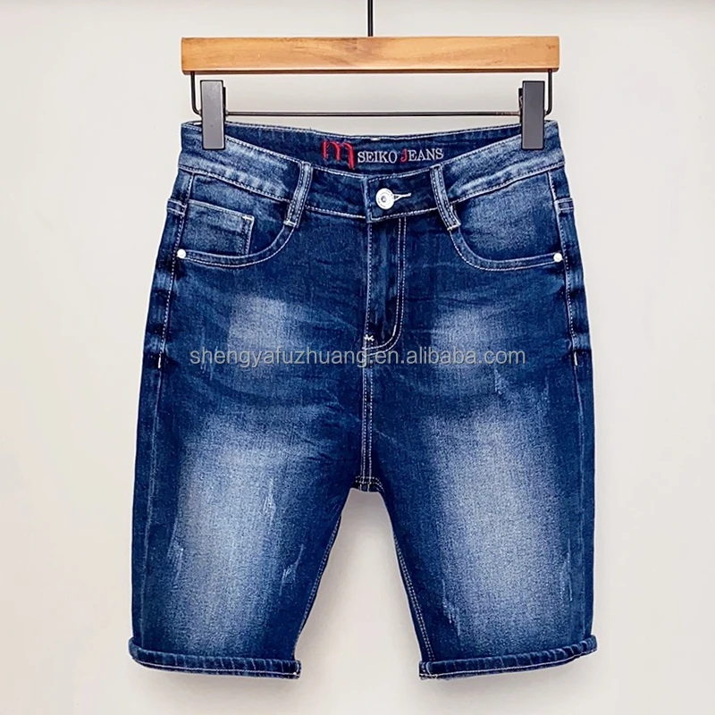 Fashion urban denim style knitted cotton elastic shorts men's jeans
