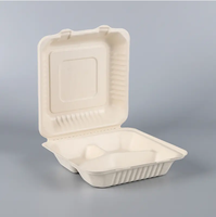 Boîte à lunch carrée jetable biodégradable 9*9, barquette à emporter à 3 compartiments, 1200 ml, conteneur alimentaire en bagasse de canne à sucre