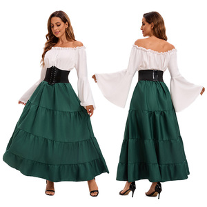 Vestido Largo Medieval con Hombros Descubiertos y Cinturón de Corsé para Mujer, Disfraz para Representaciones Escénicas, Falda Maxi Verde, Talla Adulto, Yi Xiaoyi - Product Image 1