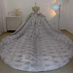 Robe de mariée de bal JJ121, magnifique, bleu, col en V, broderie florale en cristal, manches longues - Product Image 2