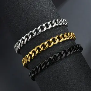 High End Flat Curb Cuban Jewelry Women Men Design 18K Gold Plated Stainless Steel Chunky Miami Cuban Link Chain Bracelet Trendy