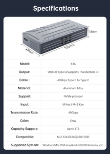 Boîtier <span class=keywords><strong>SSD</strong></span> NVMe M.2 OSCOO XT6, USB4.0 Type-C (compatible <span class=keywords><strong>Thunderbolt</strong></span> <span class=keywords><strong>4</strong></span>), 40 Gbps, alliage d'aluminium, prend en charge 8 To - Product Image 6