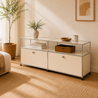Buffet moderne minimaliste écologique avec étagères en verre, structure en acier inoxydable, 2 tiroirs, 2 compartiments, salon, salle à manger