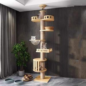 Wholesale 67 Inch Wooden Tower OEM ODM Custom Logo 14 Sisal Posts Condo Stairs 2 Bowls Padded Platform Toy Balls Carton - Product Image 3