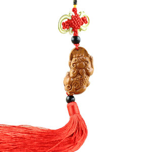 Colgante de madera de durazno Pixiu para coche, llavero con borla roja, decoración artesanal china, regalo - Product Image 4