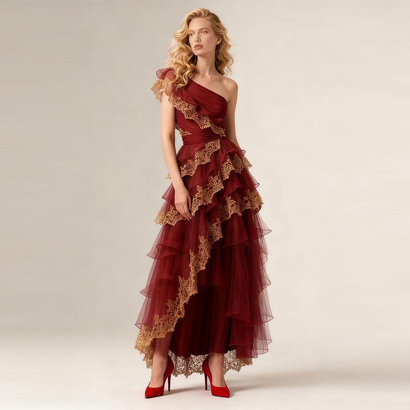 Burgundy Lace Formal Gown - Floor-Length Ball Gown Style