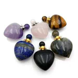 Naturale mini cristallo del cuore di amore forma amethyst labradorite profumo aperto pendente della collana della bottiglia di Olio Essenziale Diffusore