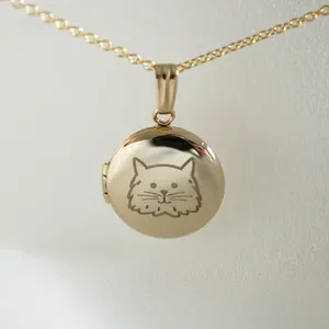 Mini colar medalhão de gato 14k, pequeno colar medalhão de gato dourado personalizado gravável colar retrato de animal de estimação