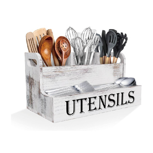 Organisateur d'ustensiles en bois à grain <span class=keywords><strong>blanc</strong></span> extra large Accessoire de comptoir de cuisine de ferme rustique avec techniques de laque - Product Image 1