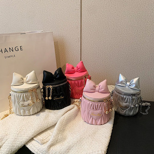 Thời Trang Cô Gái Công Chúa Không Thấm Nước Crossbody Túi Dễ Thương Bow Dễ Thương Bow Hình Trụ Ví PU Chất Liệu Dây Kéo Phụ Nữ Trang Điểm Túi Xách Tay - Product Image 3