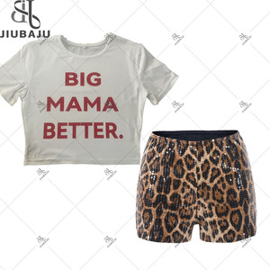 Fashion Leopard <strong>Sequined</strong> Dress Woman Outfit Letter Print Slim <strong>Crop</strong> <strong>Top</strong> + Leopard Shorts Suit Matching Set Female - Product Image 3