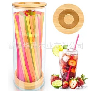 Wooden Straw Holder With <b>Bamboo</b> Lid Glass <b>Container</b> For Drink Straws Storage Desktop Organizer 1 Layer Multi Purpose - Product Image 1