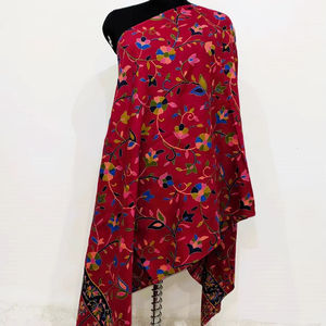 Premium Quality Pure Wool Beige Long Rectangular Polka Dot Embroidery <b>Traditional</b> <b>Scarf</b> Women's Winter Reversible Lightweight - Product Image 1