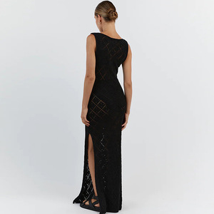 Vestido sin mangas de cuello alto de <span class=keywords><strong>dos</strong></span> <span class=keywords><strong>colores</strong></span> Lados divididos Ahueca hacia fuera <span class=keywords><strong>Crochet</strong></span> Beach Cover Ups Vestido maxi de punto - Product Image 5