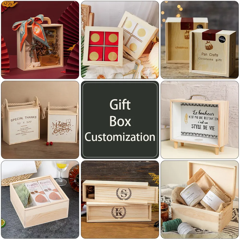Fantasia in legno di pino naturale di colore regalo personalizzato scatola con coperchio trasparente scatola di imballaggio di legno