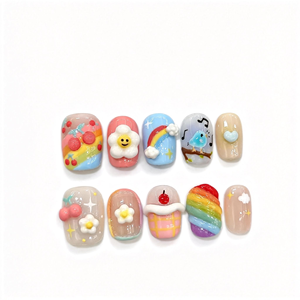 Uñas Postizas Cortas Cuadradas Ovaladas Hechas a Mano, Color Caramelo, Diseño 3D de Flores, Arcoíris, Pájaros y Corazones, Uñas Postizas Reutilizables y Lindas al por Mayor - Product Image 1