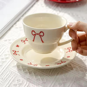 <b>Red</b> <b>Bow</b> Underglaze Ceramic Coffee Cup And Saucer Set European Afternoon Tea Cup Elegant Gift For Wedding Women - Product Image 4