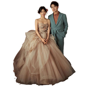 Strapless Tulle Ball Gown Wedding Dress Empire Waistline Vintage Korean Style Floral Photoshoot Forest Theme Couple Outfits - Product Image 5