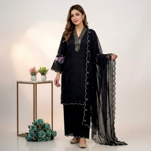 Conjunto de 3 Piezas de Salwar Kameez Pakistaní Bordado en Negro para Mujer, Traje Tradicional Holgado de Largo Completo para Uso Casual - Product Image 1