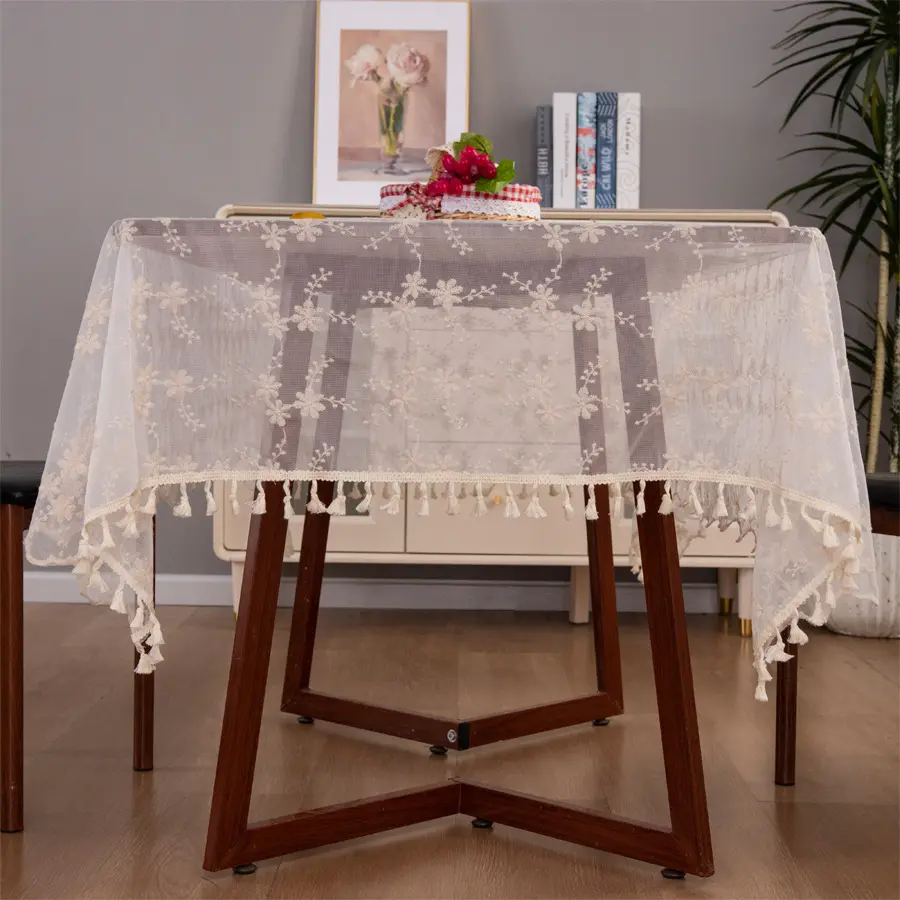 Toalha de mesa retangular com padrão floral simples estilo americano, toalha de mesa elegante de poliéster estilo nórdico com design de borla