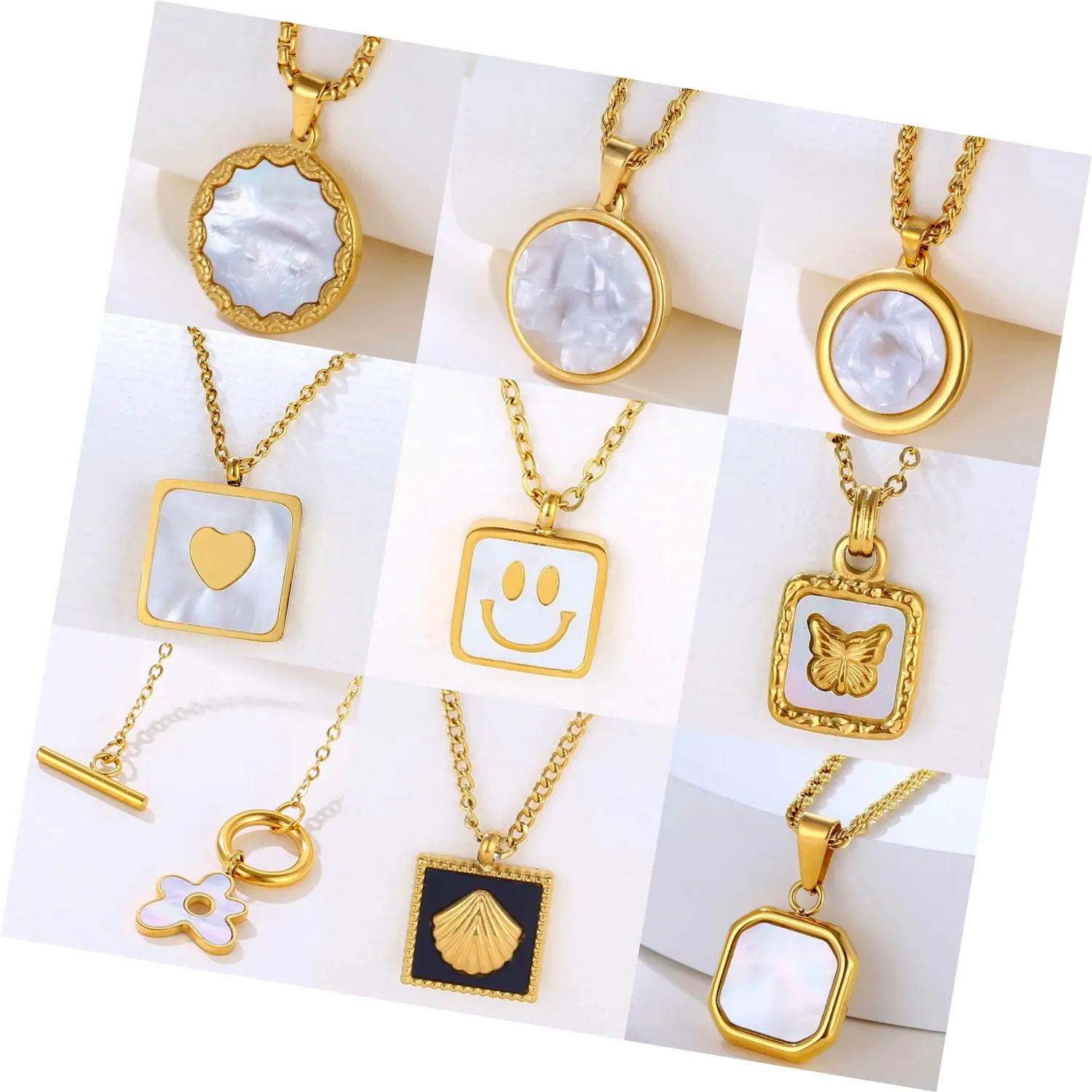 Waterproof Fashion Gold Natural White Mother of Pearl Shell Smile Face Jewelry Girls Stainless Steel Opal Pendant Necklace