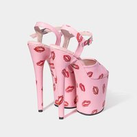 Sandales d'été sexy à talons hauts de 20 cm, plateforme ouverte, imprimé lèvres noir/rose pâle, pour boîte de nuit, danse sur barre, semelle intermédiaire en bois
