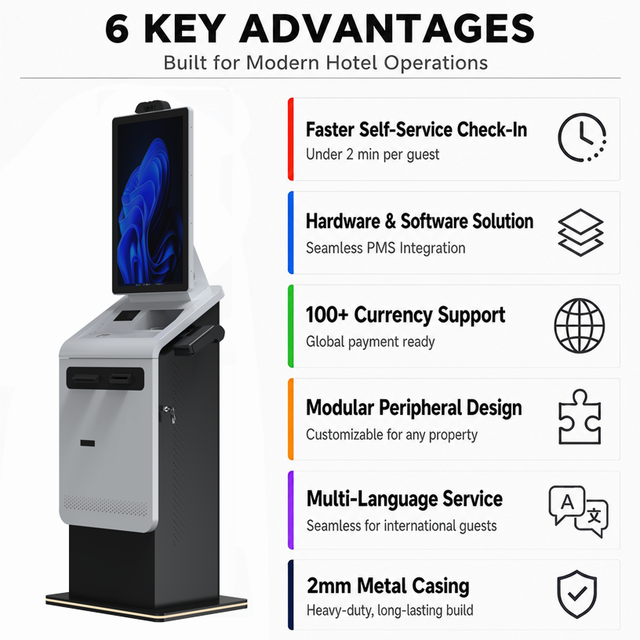 Self Service Hotel Check in Kiosk Payment Kiosk Terminal Touch Screen PMS Integration Passport Scanner Card Dispenser Kiosk