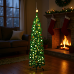 Sapin de Noël artificiel vert mince pré-éclairé de 150 cm avec ensemble de boules et lumières LED chaudes, base autoportante pour intérieur - Product Image 2