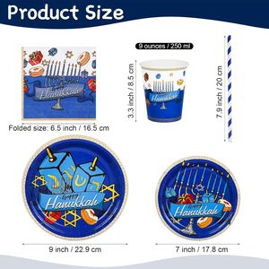 Achetez le set de vaisselle jetable HLC <span class=keywords><strong>Happy</strong></span> Hanukkah Party, comprenant des gobelets, des assiettes et des serviettes en papier, pour décorer une fête juive, pour 24 invités, cadeaux de fête - Product Image 2
