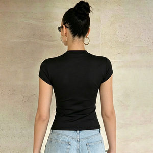 Black Mock Neck Cut Out Shell Button Front Slim Fit Short Sleeve T Shirt Street Fashion Sexy Y2K Hot Girl <b>Crop</b> <b>Top</b> for Women - Product Image 5