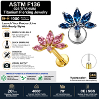 Piercing d'oreille G23 en titane ASTM F136, style lotus classique, sans filetage, à poussoir, qualité implant, pour tragus, avec zircon