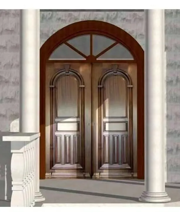 Puerta de entrada delantera en forma de arco de madera de estilo americano, puertas de madera maciza arqueadas para exterior con cerradura inteligente