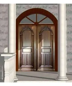 Estilo americano arco de madeira em forma de arco, porta arqueada exterior sólido porta de madeira com fechadura inteligente