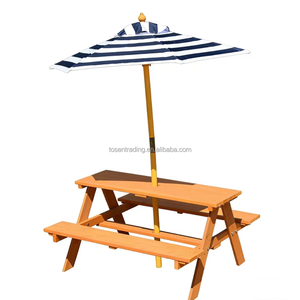 Conjunto de Mesa de Picnic de Madera con Sombrilla y Rayas Costeras – Banco de Comedor para Exteriores Resistente a la Intemperie con Protección Solar para Jardín - Product Image 1