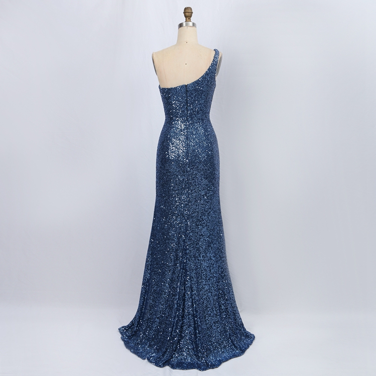 2022 new design women elegant plus size Blue one shoulder pleated bodice sequin bridesmaid prom dresses