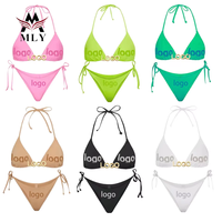 Maillot de bain personnalisé pour femme, ensemble bikini deux pièces triangle, col halter, taille basse, liens latéraux, en polyester